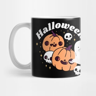 Happy cute pumpkin heads with a skull and adorable ghost friends Mug